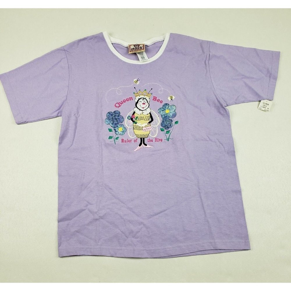 Vintage Embroidered Queen Bee Tee Purple Womens Medium Short Sleeve T-Shirt Crew